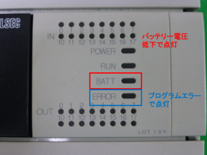 バッテリー電圧低下とプログラムエラーのランプ：FXシーケンサ